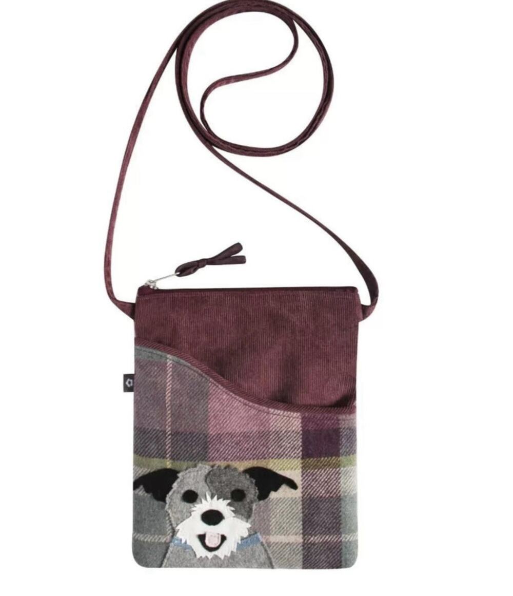 Earth Squared Fair Trade Tartan Tweed Purple Amelia Crossbody Bag Dog Design